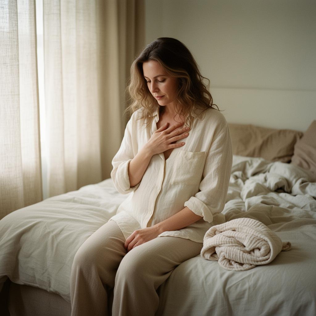 A postpartum woman sitting on the edge of an unmade bed in soft morning light, one hand resting on her chest, a folded muslin blanket beside her.