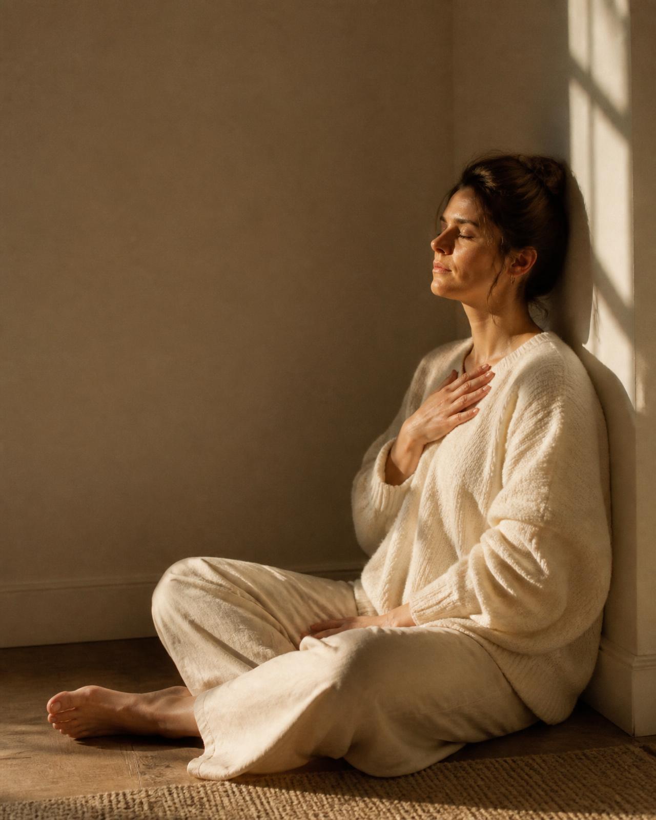 A woman sitting on the floor of a quiet room in warm afternoon light, one hand resting on her chest.